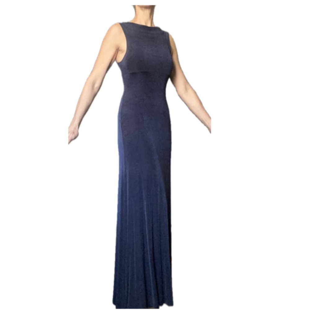 BCBG dress, stretch navy blue, size small, sleeveless, long, boat neck